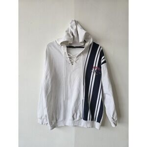 Vintage Active Elements Hoodie Mens Medium White Navy Lace Up Pullover 90s USA